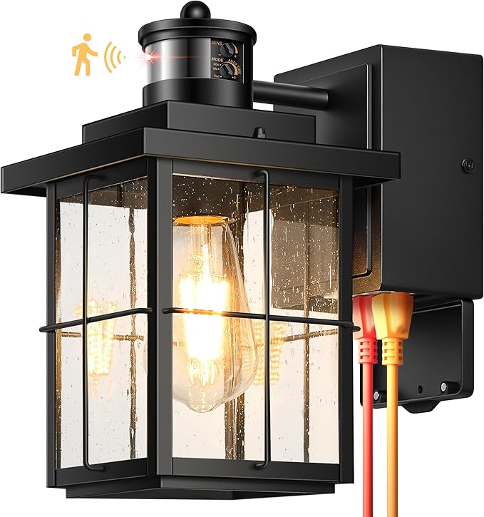 Gleamz Motion Sensor Outdoor Wall Light, Black Porch Light with GFCI Outlet, Waterproof Outdoor Light Fixture with Outlet, Front Door Light with Seeded Glass, Exterior Wall Lantern for Garage, Patio