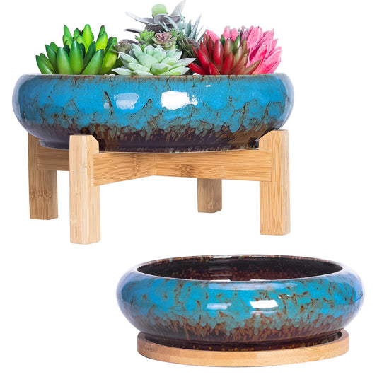 ARTKETTY Succulent Pots - 7.3/10 Inch Large Plant Pot Set of 2, Ceramic Bonsai Pot with Drainage Tray Shallow Planters for Indoor Succulents Glazed Cactus Flower Plant Container