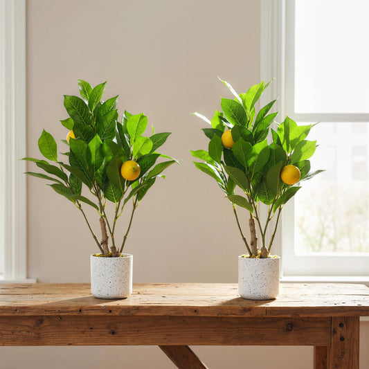 Garvee 2 Pack Artificial Lemon Branch Fake Plants, 19.7" Faux Green Bonsai Tree with White Marble-Look Pot with Black Speckles, Cement Moss Base, Decorative Artificial Plants Indoor for Home & Office