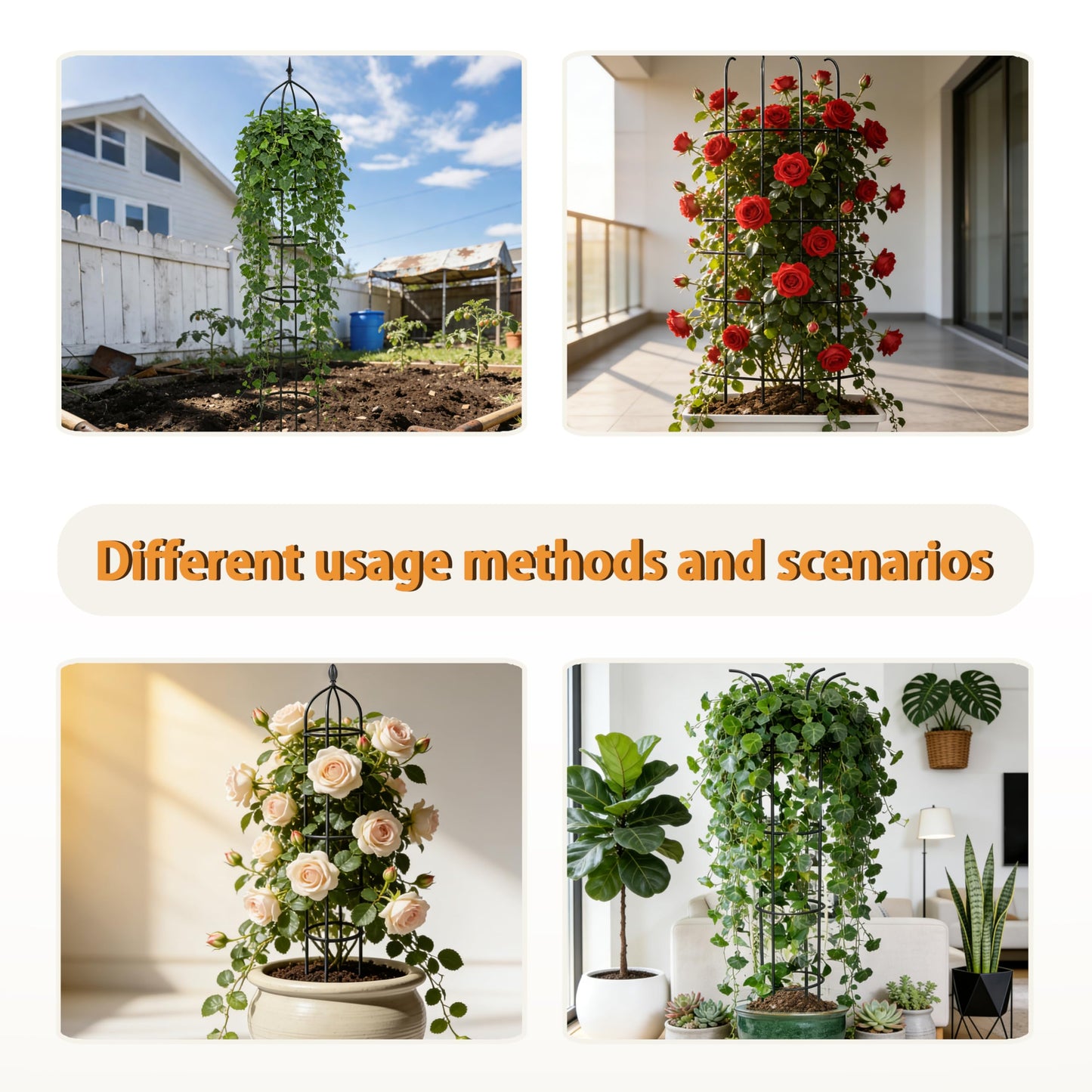 SORANGEUN 1 Pack Garden Obelisk Trellis for Climbing Plants Outdoor, 6.7FT Adjustable Metal Plant Support with 3 Decorative Tops, Black Rustproof Trellis for Roses, Tomatoes, Clematis & Vines