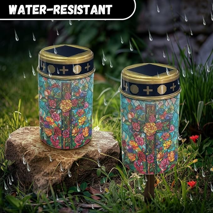 Light for Prayer Cemetery Solar Lights for Grave Cemetery Decor Candle Lamp Cross and Rose Grave Solar Lights Garden Cemetery Decor Memorial Gift