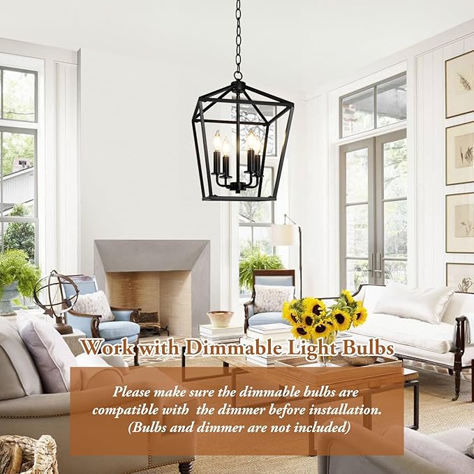 BrightHome Farmhouse Chandelier 4-Light, Black Pendant Light Fixture for Kitchen Island Dining Room, Lantern Industrial Lighting Ceiling Hanging with Metal Cage Adjustable Height for Entryway Foyer