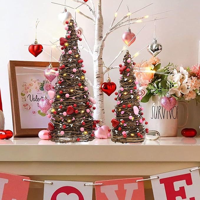CRCZK Valentines Day Rattan Table Tree Decor with Lights Valentines Day Decorations 2Pack Lighted Tree with Red Heart&Berries Pink Table Centerpieces Valentine's Day Decorations Indoor Party Gifts