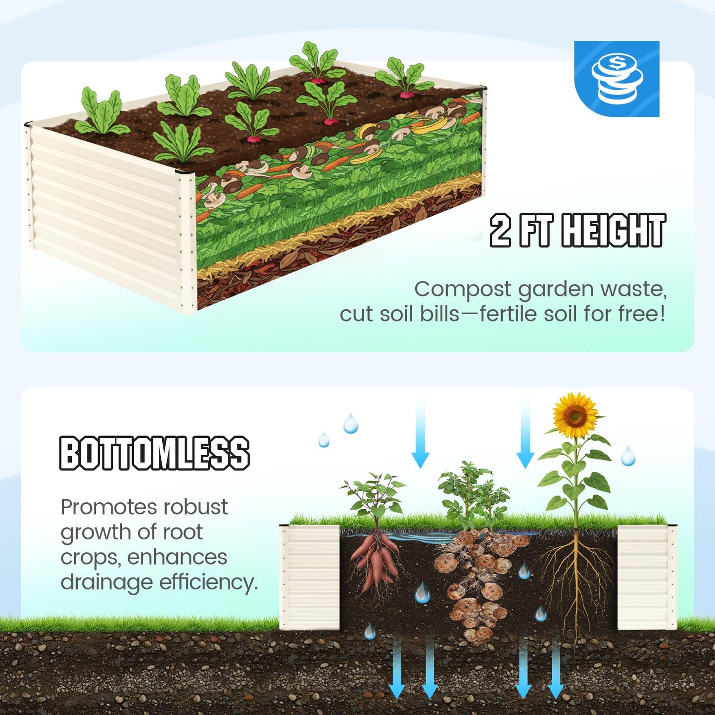Quictent Galvanized Raised Garden Bed 8x4x2 Ft Tall Metal Planter Box for Vegetables Bottomless for Backyard, 2 Tomato Cages Included, 22.04" Deep, Beige