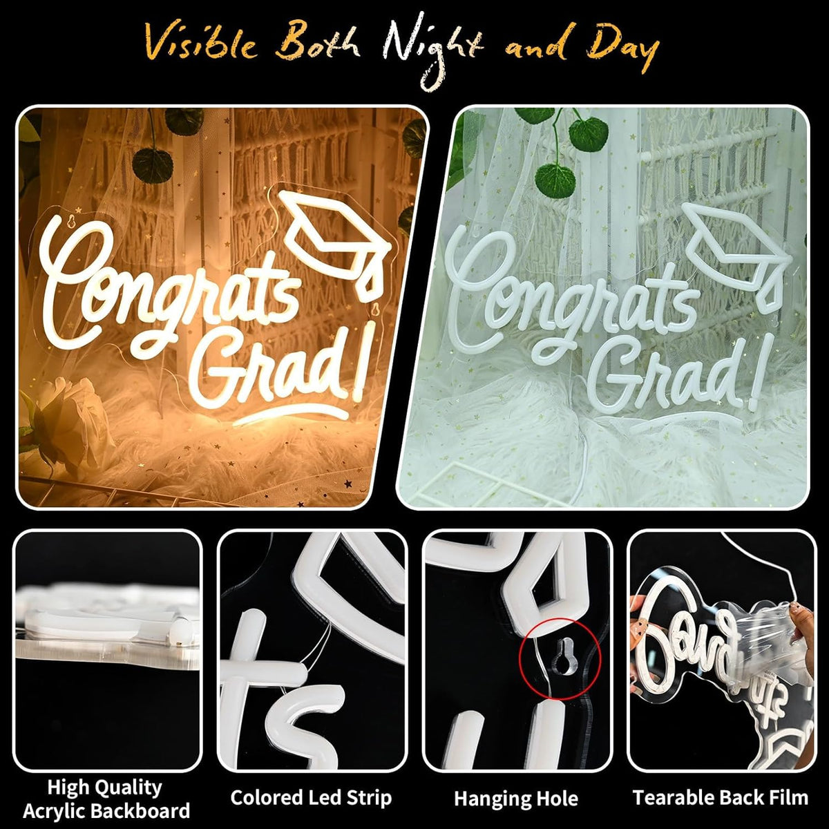 Skiennix Congrats Grad Neon Sign - Warm White LED Graduation Cap Light | 16x11 Inches for Class of 2026 Celebrations