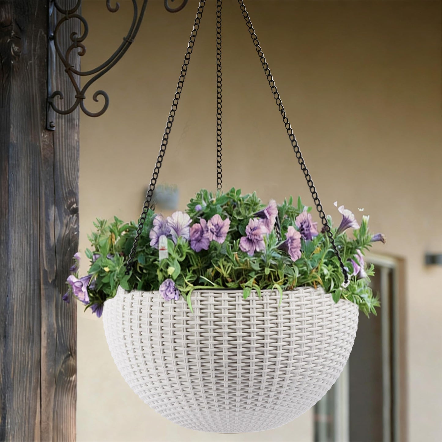 Vigo huseeo 13.5 inch 2Pack Large Hanging Planters for Outdoor/Indoor Plants, Self Watering Hanging Pot with Water Level Indicato, Drainage Holes and Chain for Garden Porch, White