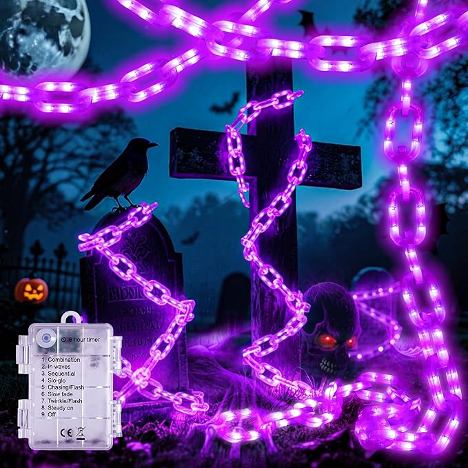 Joomer Battery Operated Halloween Lights Outdoor, 9.5 FT 160 LED Waterproof Halloween Decorative Plastic Chain String Lights, 8 Lighting Modes and Timer Function, Suitable for Outdoor Indoor (Purple)