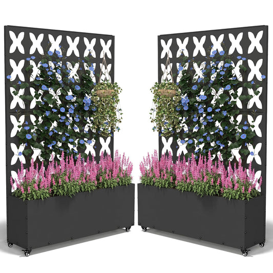 FOLAWO 2PCS Metal Planter Box with Trellis,70.9"x47.2"x15.7" Raised Garden Bed with Drainage Holes, Privacy Planters for Outdoor Garden Bed for Climbing Plants,Vegetables,and Vines, Black-X