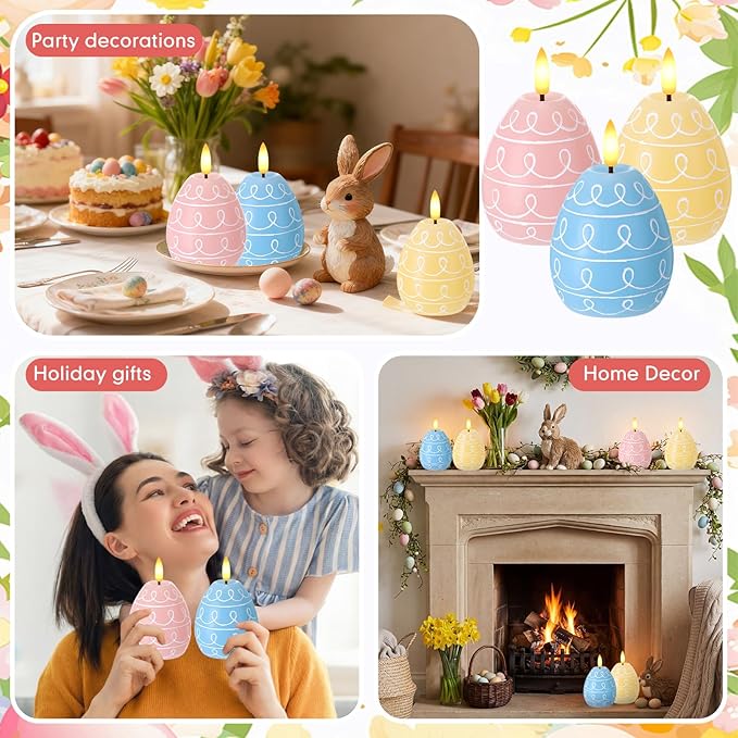 Baquler 3 Pcs Easter Egg Flameless Candles with Timer Egg Shape LED Candle Real Wax Battery Operated Flickering LED Candles Gift No Battery for Easter Party Living Room Home Decor (3 Color)
