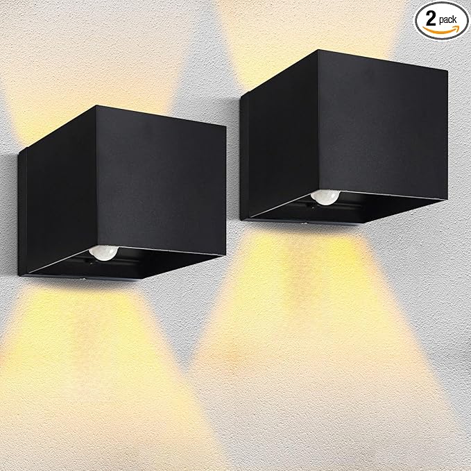 2-Pack Outdoor Wall Lights, Modern Square Up and Down Lights Outdoor Wall Lights IP65 Waterproof Aluminum Sconces with Motion Sensor 10W 3000K LED Outdoor Lighting Fixture for Porch Patio