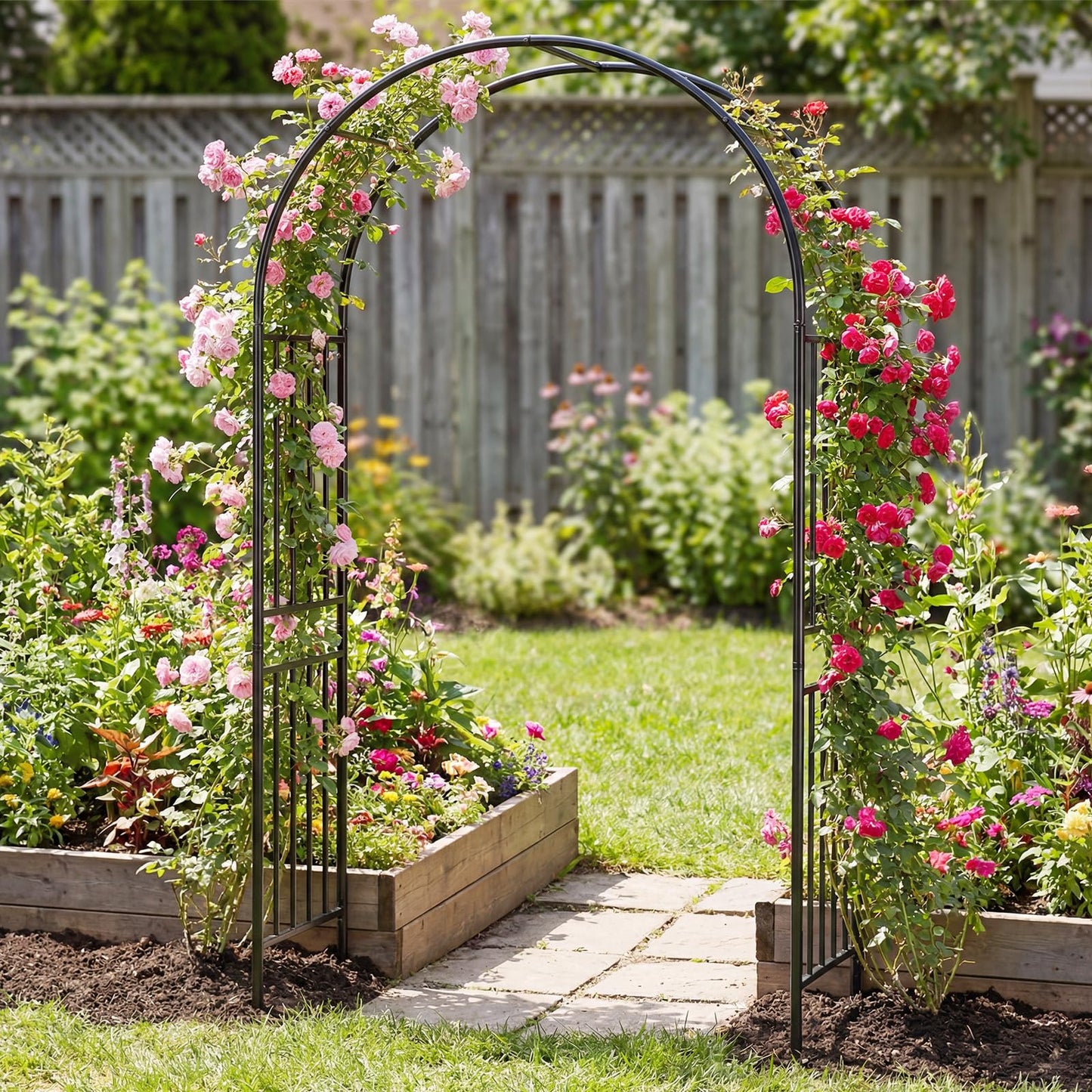 Giantex Garden Arch Outdoor Metal Arbor Trellis, 86'' Heavy Duty Steel Pergola Arch with Ground Stakes for Climbing Plants, Wedding, Party & Backyard Decoration (1 Pack)