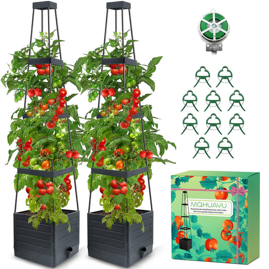 MQHUAYU 2-Pack Tomato Planter with Trellis, 57" Self-Watering Raised Garden Bed Planter Box, Tomato Cages for Indoor & Outdoor Climbing Plants, Vines, Vegetables, and Flowers (57x9.8x9.8IN)