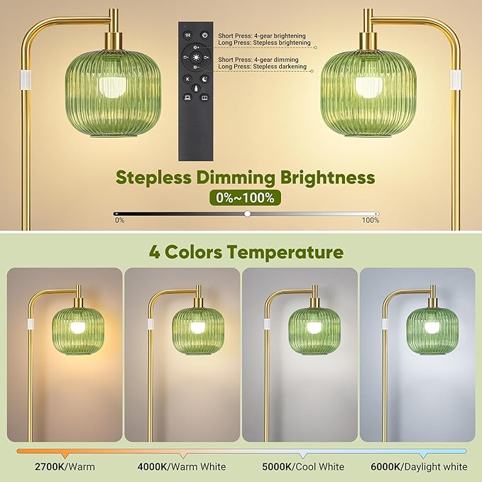 QiMH Glass Floor Lamp for Living Room, Modern Standing Lamp with Green Ribbed Glass Lampshade, Remote Control & Adjustable Height, 65” - 70”Tall Lamp for Bedroom Study Room, Brushed Gold