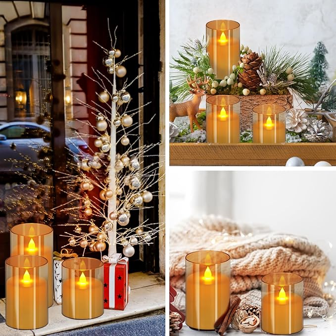 Flameless Candles 4" 5" 6" Set of 9 Acrylic Glass Pillars 3" Diameter Battery Operated Flickering Candles Include 8-Key Remote with Timer Function 400+ Hours (Amber, 9 Pack)