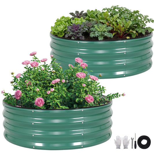 ZORMY Galvanized Raised Garden Bed Outdoor, Round Metal Planter Boxes 2 Pcs, 3x3x1ft Steel Raised Bed Kit for Planting Vegetables, Fruits, Flowers(LotusGreen)
