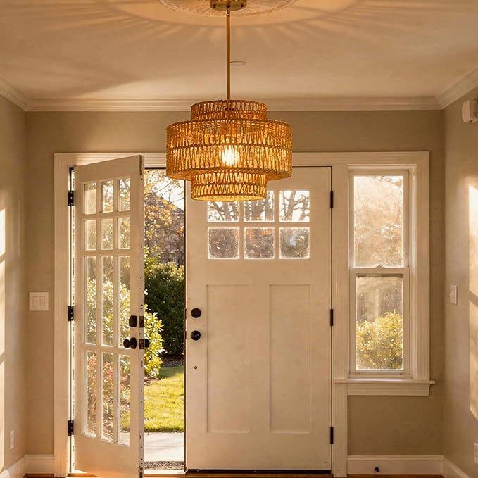 1 Light Pendant Lighting, Farmhouse Hanging Light Fixture for Kitchen Island & Dining Room, Industrial Vintage Ceiling Lamp with E26 Base, Adjustable Height, 12.4” Boho Rattan Chandelier