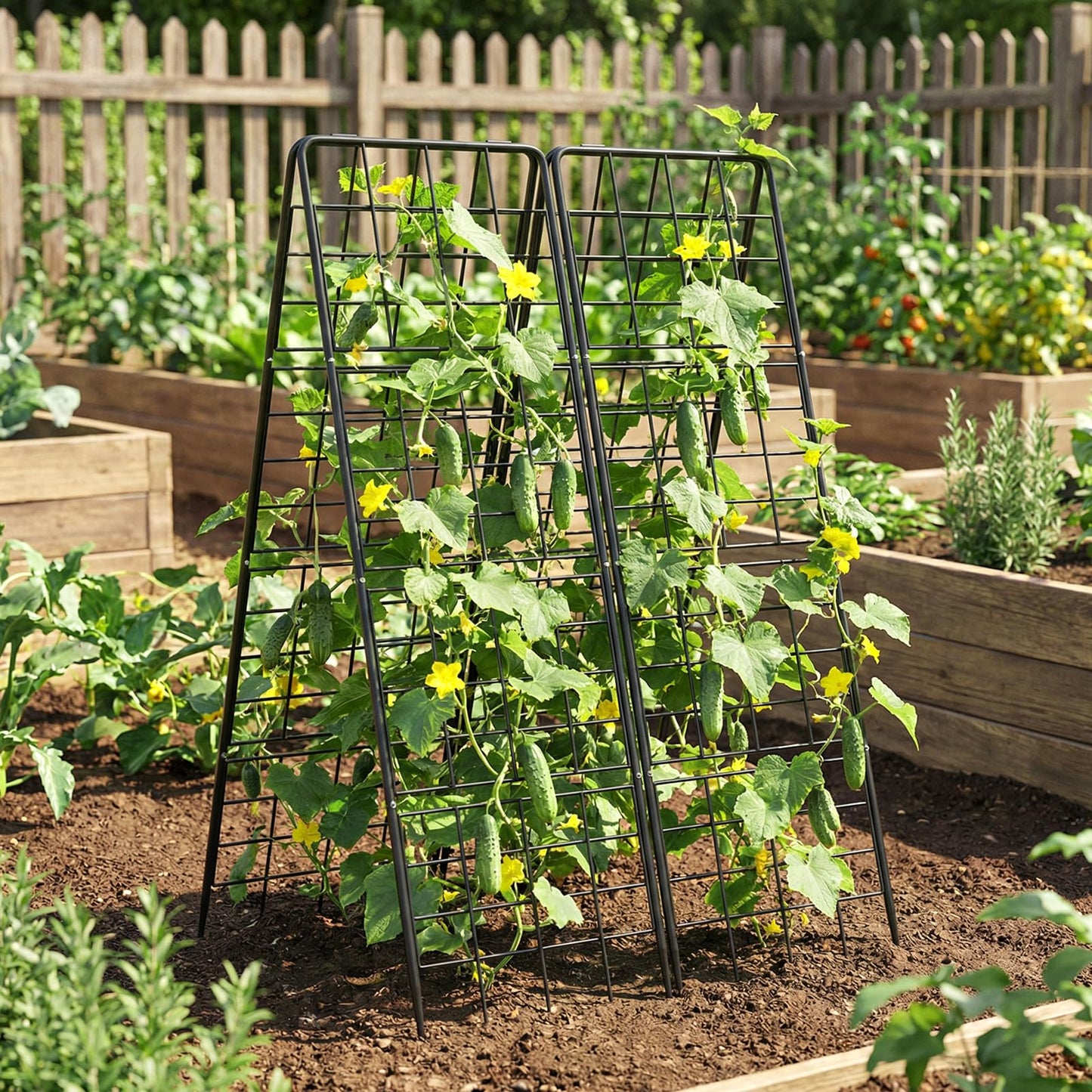 DoCred Cucumber Trellis, 59" H 2 Pack Metal Foldable Thickened A Frame Garden Trellis for Raised Bed Climbing Plants, Vegetables, Including Plant Support Clips, Twist Ties, Plastic Ties, Black