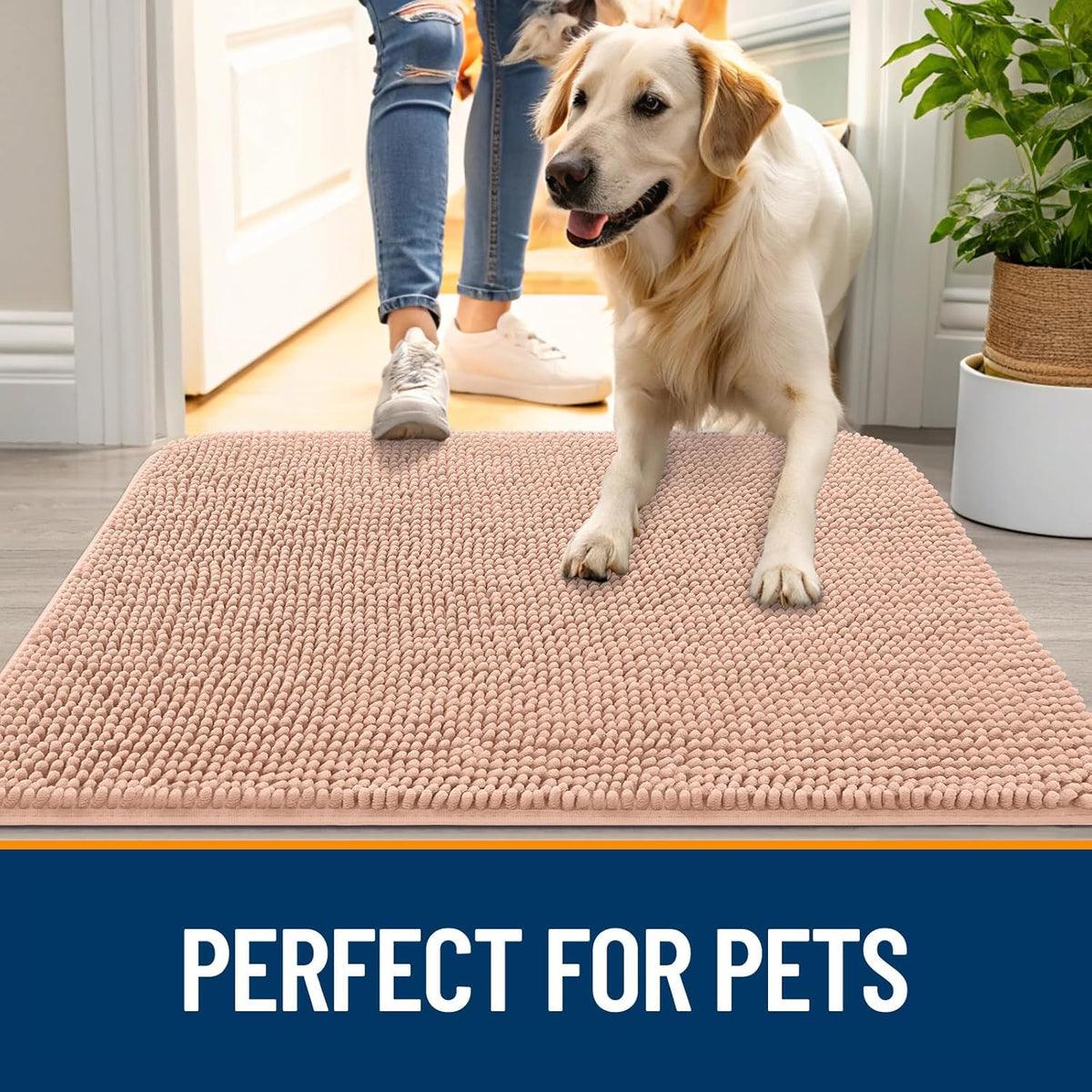 OLANLY Dog Door Mat - Absorbent Non-Slip Chenille Mat for Muddy Paws | 30x17 Peach Indoor Carpet