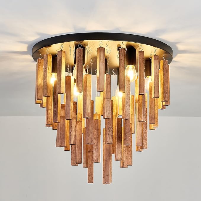 7-Light Flush Mount Wooden Ceiling Light - Rustic Oak and Black Ceiling Lamp with E26 for Farmhouse Kitchen, Dining Room, Living Room, Bedroom, Foyer, Hallway