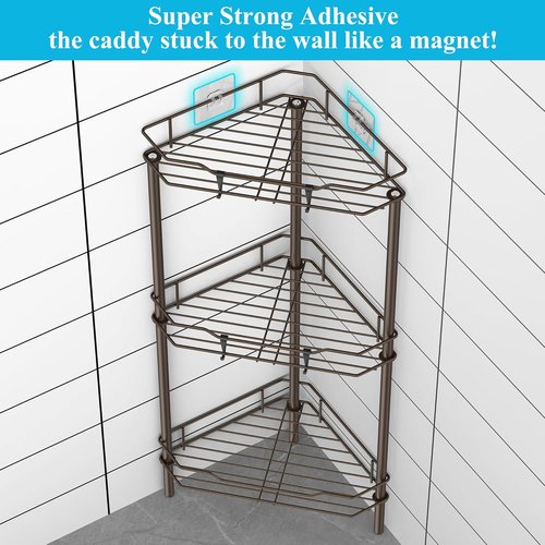 HuggieGems 3-Tier Corner Shower Caddy Organizer - Stylish Bronze Bathroom Shelf with Hooks