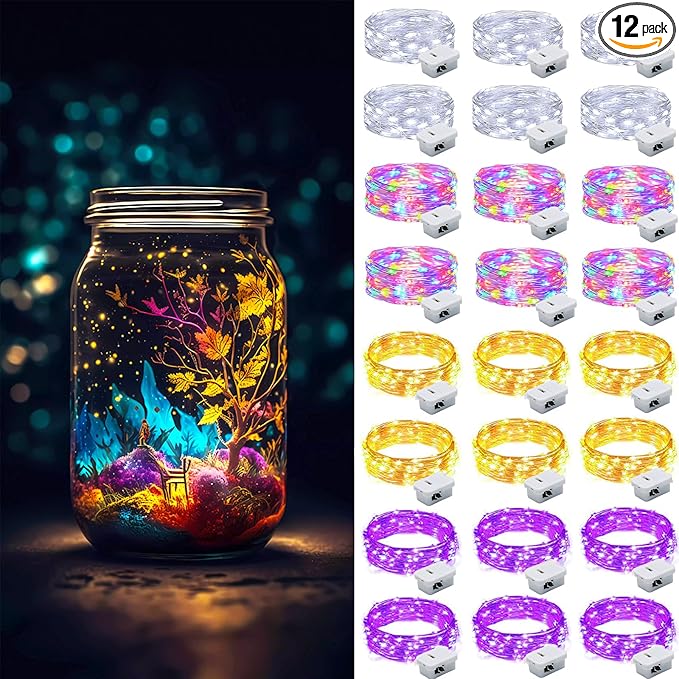 ZGWJ Mini Fairy Lights Battery Operated, 24 Pack Mixed-Color Twinkle String Lights 20 LED 7FT Mason Jar Lights for Bedroom, Easter, Halloween, Christmas, Party Indoor and Outdoor Decoration