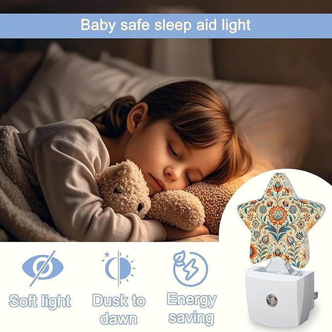 Vintage Floral Paisley Night Light,Retro Flower Plug-in Star Night Lights with Dusk-to-Dawn Sensor for Bedroom,Bathroom,Living Room Sleep Friendly Lamp for Women Girls Boys Gift,0.5W