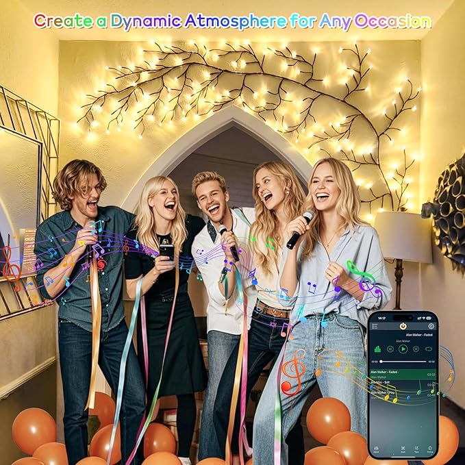 GOESWELL Smart Vine Light for Room Decor: 7.5ft 144 LEDs Music Timer Dimmable Fairy Tree Lights with Remote & App Control-Led Tree Branch Lights for Wall Mantel Corner Centerpieces Chritmas Halloween