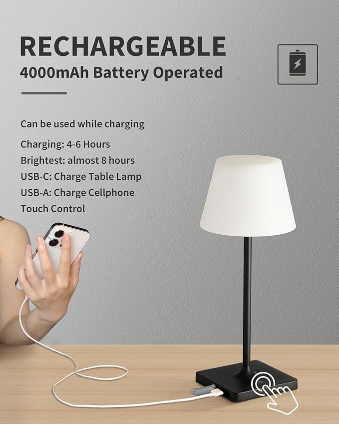 Outdoor Waterproof Cordless Table Lamp, 4000mAh Portable Rechargeable Battery Powered Dimmable LED Touch Table Light, Modern Night Light for Bathroom, Shower, Patio, Bedroom (Black 14.5")