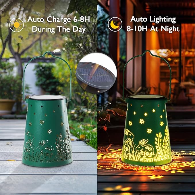 Homemory Solar Lanterns Easter Rabbit Lights Outdoor Waterproof Garden Decor Women Gifts for Birthday, LED Hanging Solar Lights Metal Lantern Decoration Outside for Yard, Patio, Backyard, Porch, Lawn