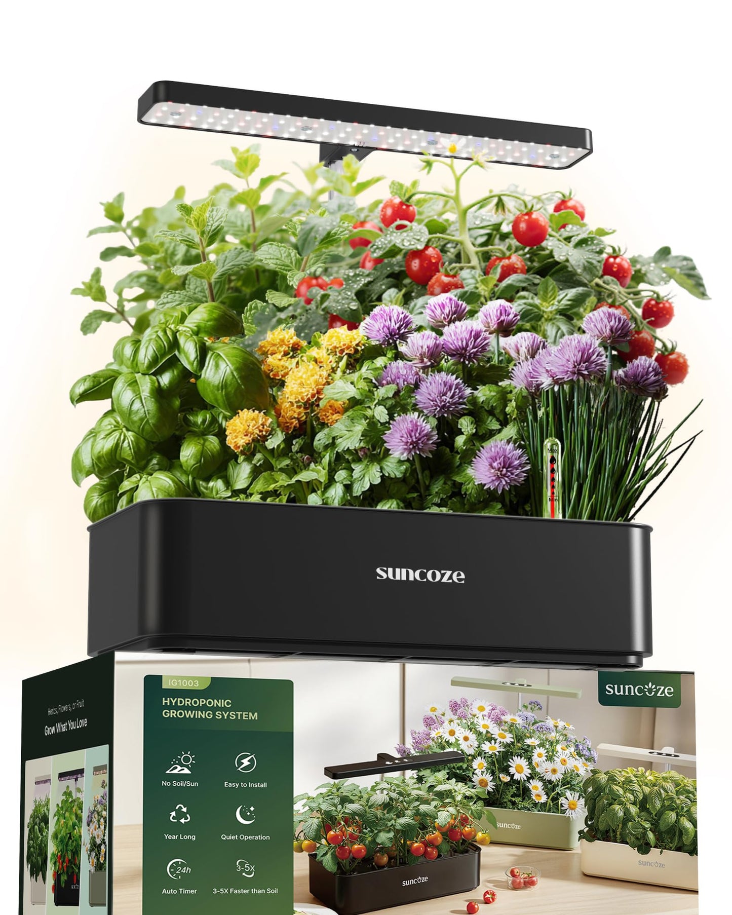 SUNCOZE Hydroponics Growing System Kit 12 Pods, 24W LED Grow Light Indoor Garden, 4L Water Tank with Quiet Pump, Adjustable Height Herb Garden Planter Indoor Kit, Gardening Gifts, Black