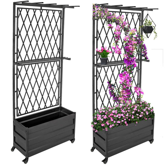 Stonehomy Metal Planter Box with Lattice Trellis and Wheels, 70 inches Tall Heavy Duty Planter Box & Raised Garden Bed with Trellis for Climbing Plants Flowers with Drainage Holes, 30Lx12Wx70H, 2Pack