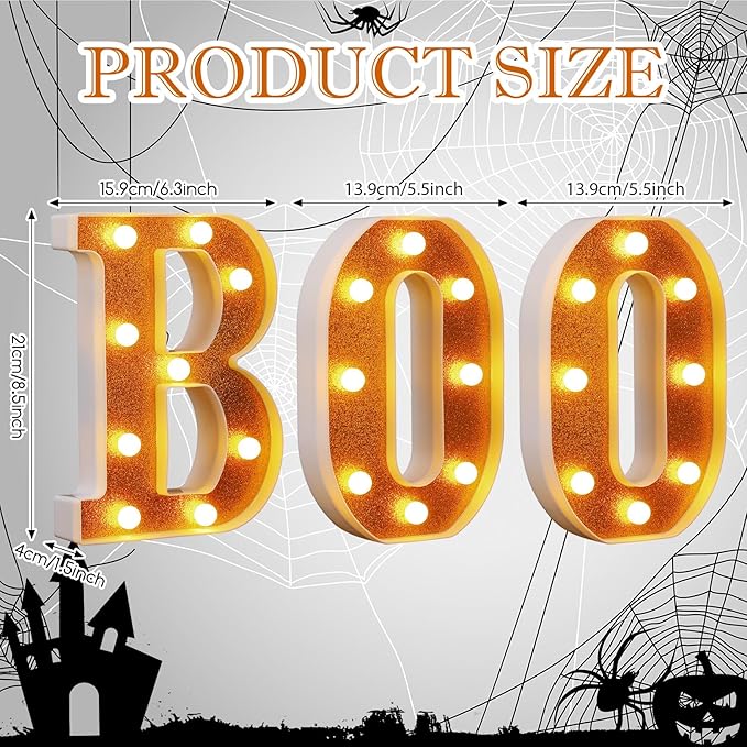 Baquler 3 Pcs Halloween Boo Decorations Light up Boo Sign Marquee LED Letters Lights Decor for Halloween Outdoor Home Room Kitchen Fireplace Tabletop Party Supplies(Orange)