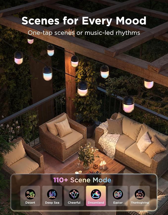 Govee Outdoor Chromatic String Lights, 32.8ft RGBIC Outdoor Lights with 55 Uni-IC Control LED Bulbs, 111+ Scene Modes, IP67 Waterproof, String lights compatible with Alexa, Google, Matter, App Control