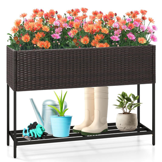 HAPPYGRILL Raised Garden Bed, Rattan Planter Raised Bed with Legs, Bottom Storage Shelf, Removable Liner, Drainage System, Wicker Elevated Planter Box w/Legs for Vegetables Flowers (40” x 12” x 28”)