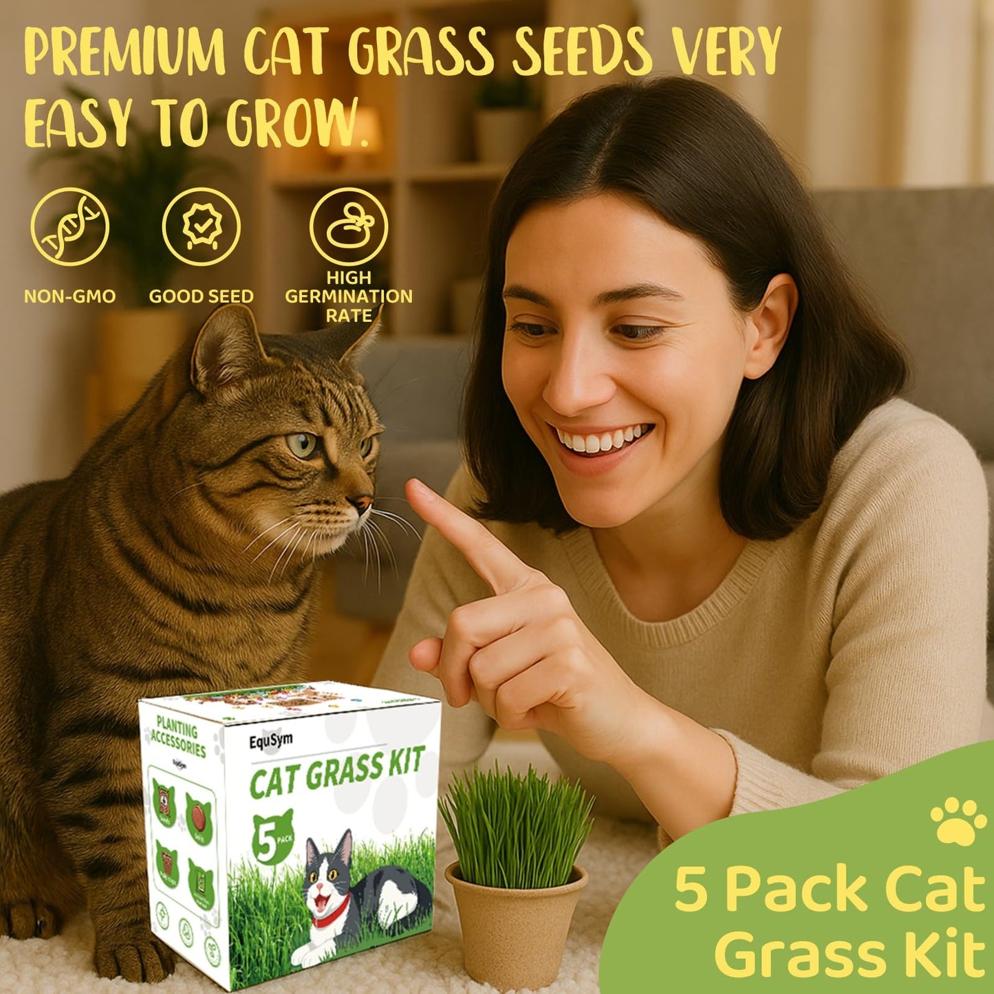 5Pack Cat Grass Seeds Kit - Cat Grass Seeds Growing Set for Indoor Cats, Non GMO Wheat Seed, Nutrient Soil & Planting Tools, Quick Germination, Perfect for Beginners