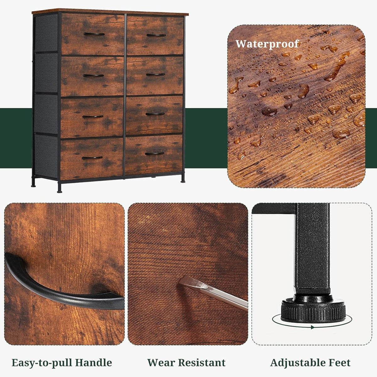 Skiennix 8-Drawer Dresser - Anti-Tip Tall Storage Organizer with Wooden Top & Metal Frame | Brown