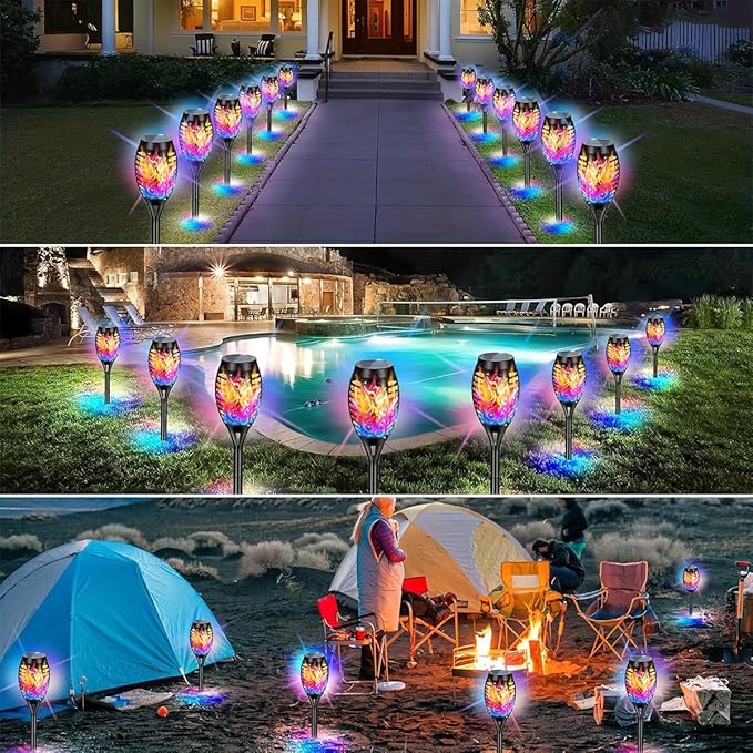 8 Pack Solar-Powered Flashlight Torches for Outdoor use,Waterproof IP65 Dancing and Flickering Flame Torches for Landscape Decoration, Suitable for Paths, lawns,(Colorful)