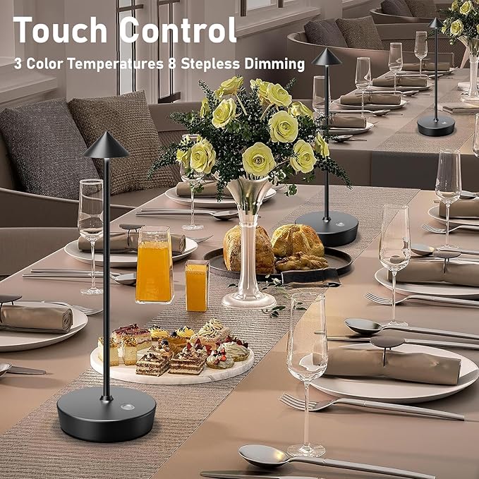 Rechargeable Cordless Table Lamp, 6000mAh LED Battery Operated Desk Lamp Touch 3 Color Stepless Dimming Portable Outdoor Waterproof Table Light for Patio/Restaurant/Dining/Home (Black)