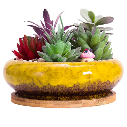 ARTKETTY Succulent Pots - 7.3 Inch Large Succulent Planters with Drainage Ceramic Bonsai Pots with Bamboo Tray, Shallow Planters for Indoor Cactus Plants Decorative Flower Plant Container