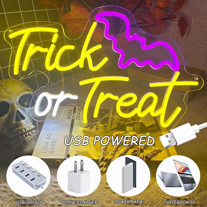 Trick or Treat Neon Sign,Halloween Neon Light,Halloween Bat LED Light for Wall Decor, Dimmable Halloween Party Decorations Light Up Sign for Home Bedroom Bar Garden Porch Coffee Store