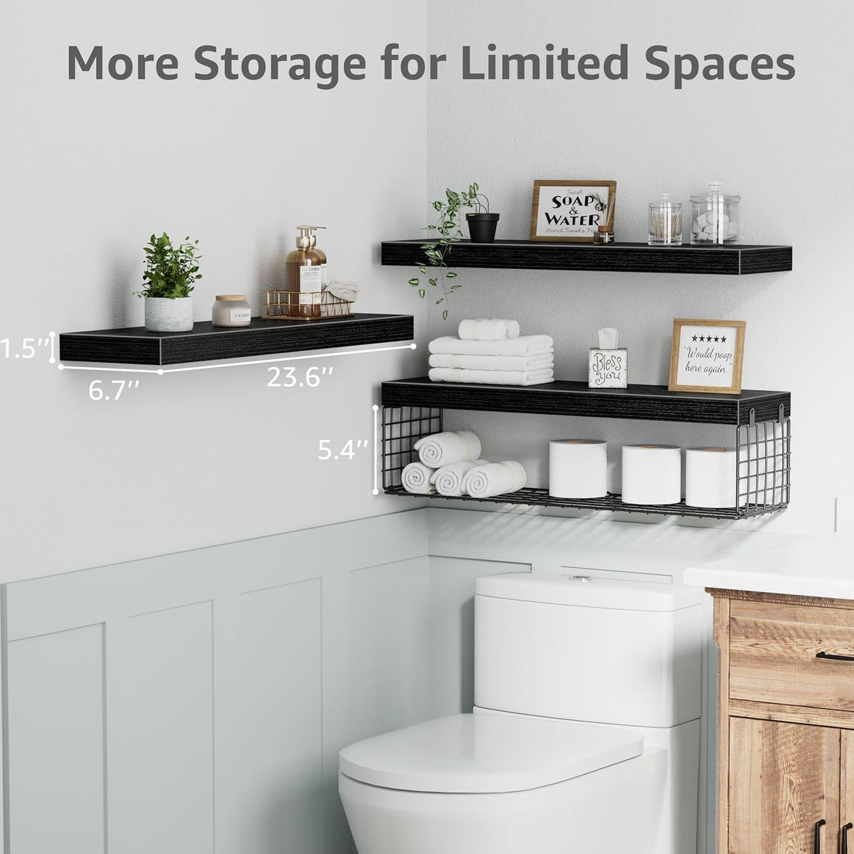 QEEIG Floating Bathroom Shelves - 24-Inch Wall Storage Solution for Toilet Paper | Set of 3, Black