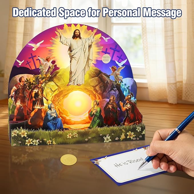 FaCraft Musical Easter Cards Religious, He is Risen Jesus Resurrection 5-Layer Pop Up Card with Light & Music, with Envelope, Plays Hallelujah for Sympathy Baptism Confirmation Get Well Encouragement