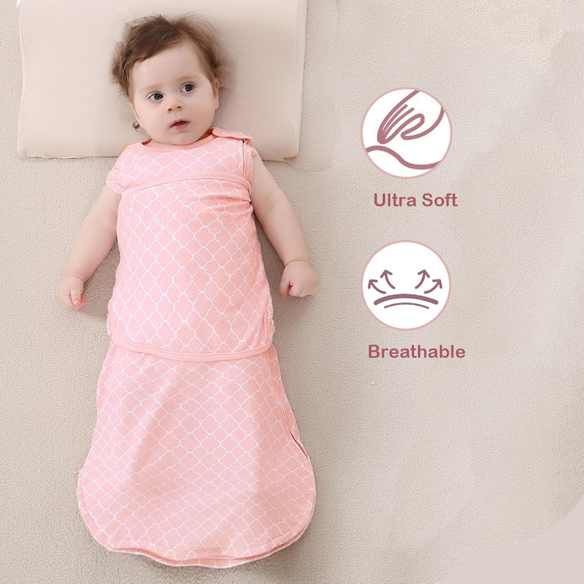 Skiennix Baby Sleep Sack Swaddle - 3-Way Adjustable Wearable Blanket for 0-6 Months | 100% Cotton, Pink