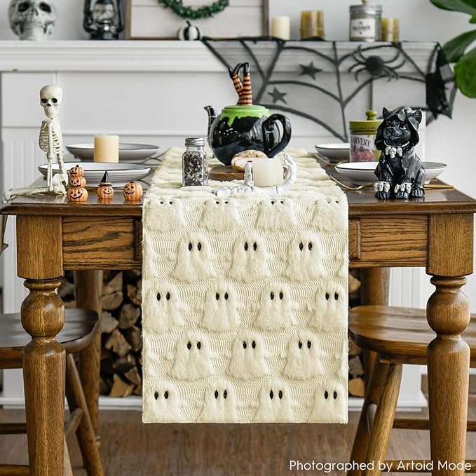 Artoid Mode Beige Ghost Soft Plush Faux Fur Jacquard Halloween Table Runner, Holiday Kitchen Dining Table Decoration for Home Party Decor 13x72 Inch