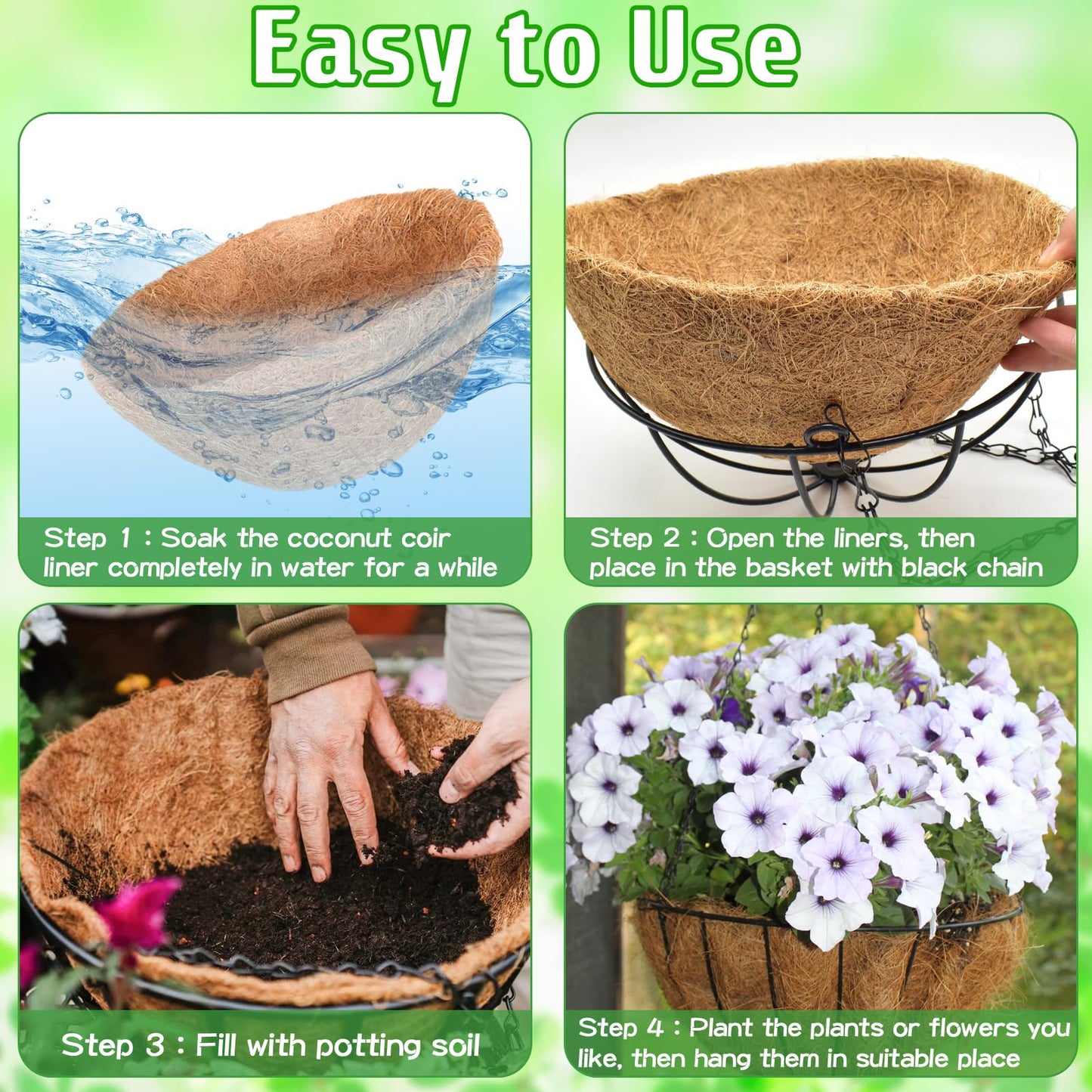 ZeeDix Outdoor Hanging Baskets, 2 Pack 12 Inch Metal Round Wire Hanging Planter with Coconut Liners Replacement, Hanging Flower Pots for Outdoor Plants Flowers