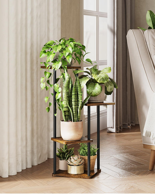 GENTINGBRO Tall Plant Stand Indoor 4 Tiered Plant Shelf for Multiple Plants Coner Shelf Stand Wood Plant Stand Metal Shelving for Living Room Bedroom Balcony Patio Brown Oak