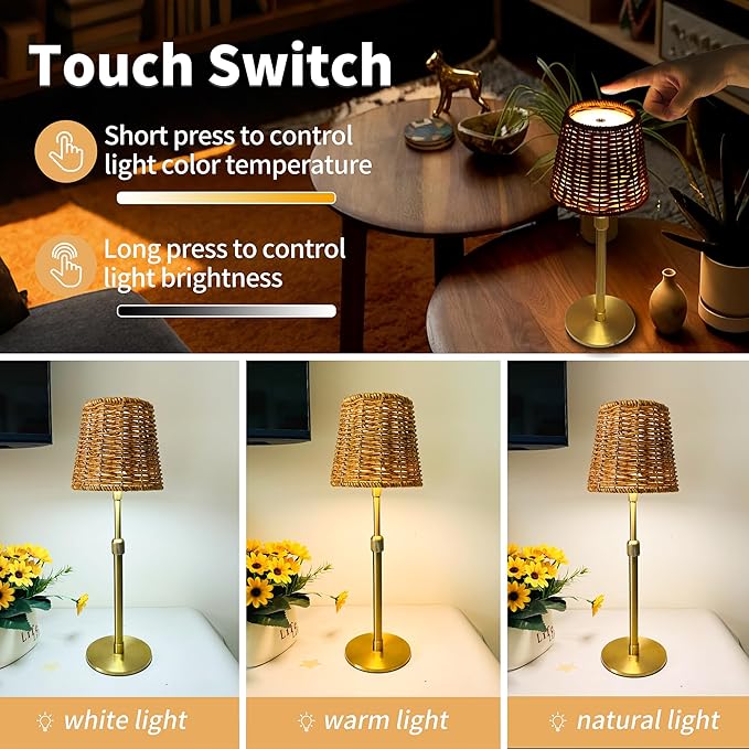 Mr.White Outdoor Waterproof Rechargeable Cordless Table Lamp with Telescopic Pole & Wicker Shade, 5200mAh Battery Operated Table Light with Touch Control, for Patio Restaurant Kitchen (Gold 2 Pack)