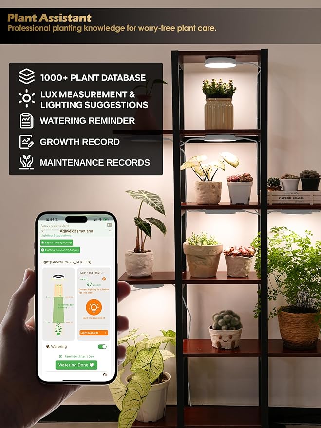 GLOWRIUM Grow Lights for Indoor Plants, 16W Smart Full Spectrum LED Grow Light, Auto Timer and Stepless Dimming,Plant Assistant with Watering Reminder,Modular Design (White, 2 PCS)