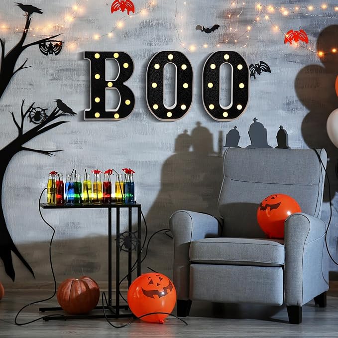 Baquler 3 Pcs Halloween Boo Decorations Light up Boo Sign Marquee LED Letters Lights Decor for Halloween Outdoor Home Room Kitchen Fireplace Tabletop Party Supplies (Black)