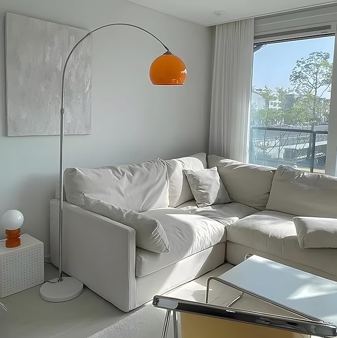 Orange Arc Floor Lamp with Acrylic Shade,Arch Reading Lamp Floor Standing,Mid Century Modern Orange Standing Lamp for Living Room Bedroom